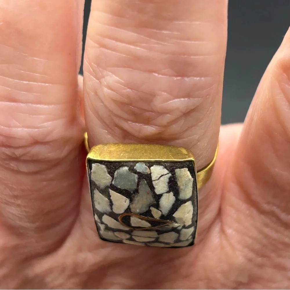 Vintage India Ring - Brass Bronze Inlaid Stone Mosaic With Paisley